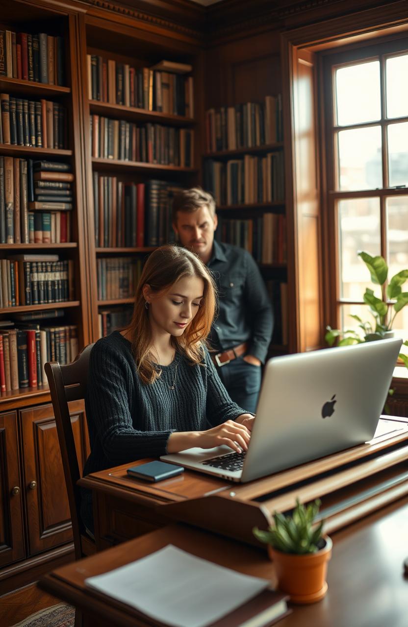 A woman sitting at a vintage roll-top desk, focused on typing on a sleek laptop