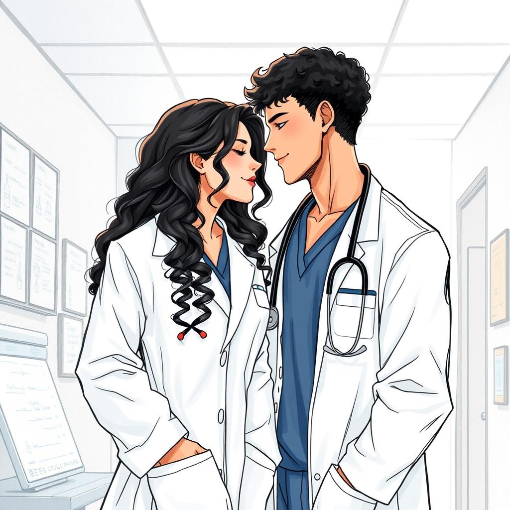 A hand-drawn illustration of a couple of doctors lost in a loving gaze