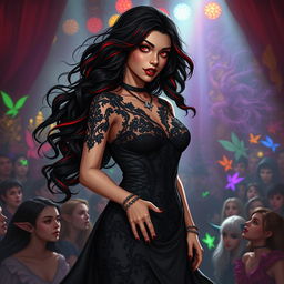 In a Dungeons & Dragons art style, a captivating Latina rockstar vampire stands confidently on stage, her presence both enchanting and powerful