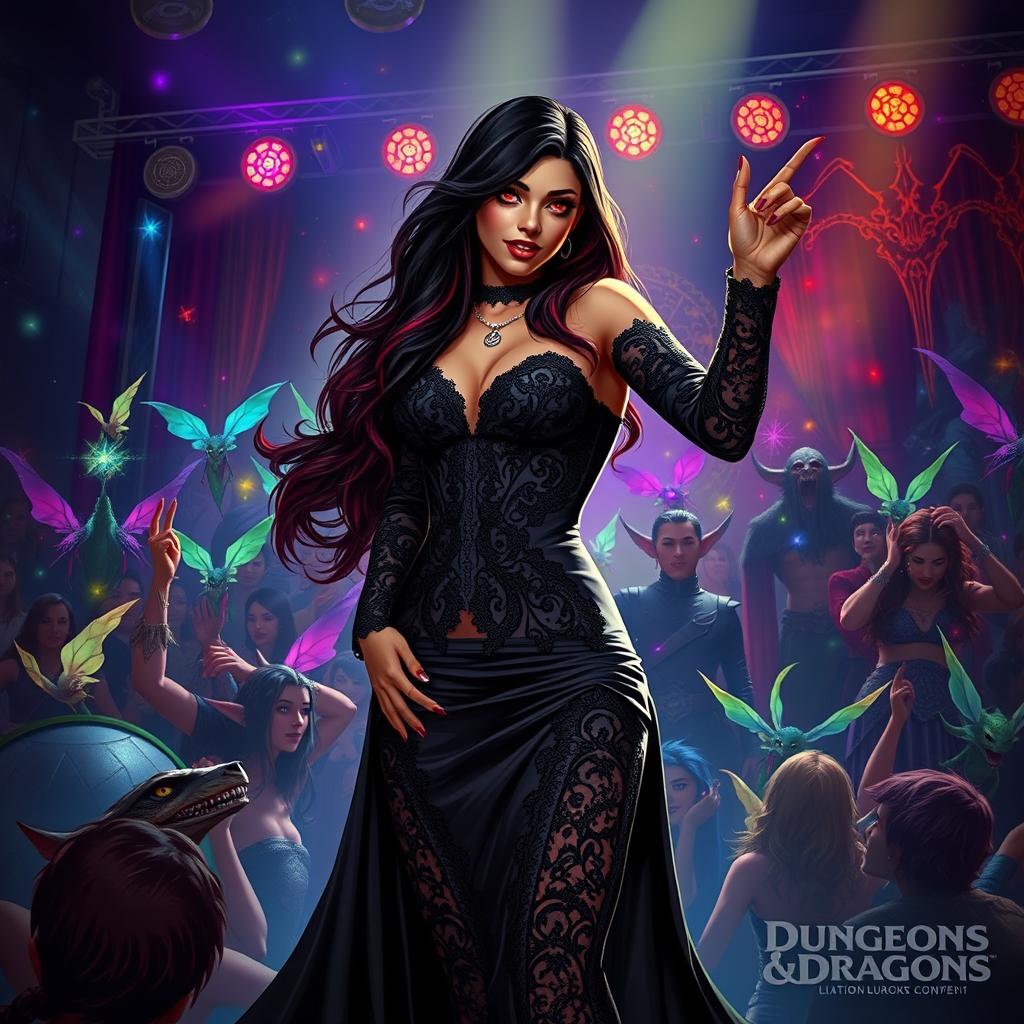 In a Dungeons & Dragons art style, a captivating Latina rockstar vampire stands confidently on stage, her presence both enchanting and powerful