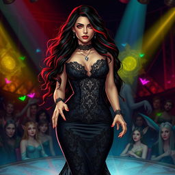 In a Dungeons & Dragons art style, a captivating Latina rockstar vampire stands confidently on stage, her presence both enchanting and powerful