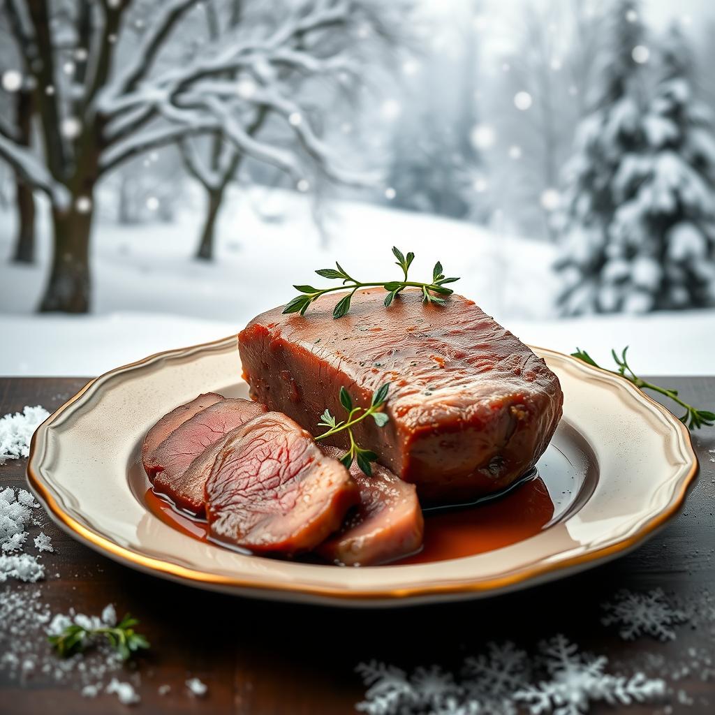 A vibrant still life composition featuring a dish of liver expertly prepared and presented on an elegant plate, garnished with fresh herbs