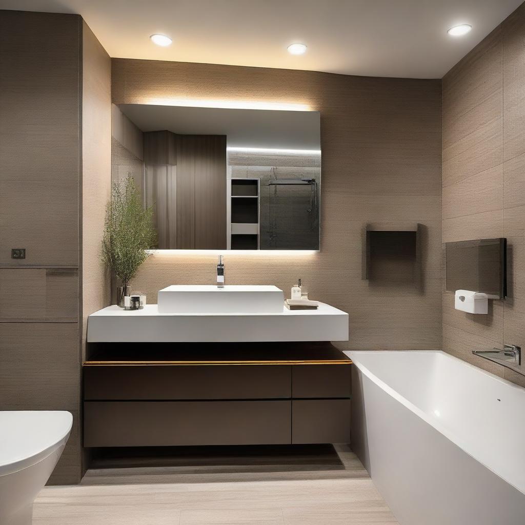 Modern and elegant bathroom interior with sleek fixtures, ambient lighting, and tasteful decor.