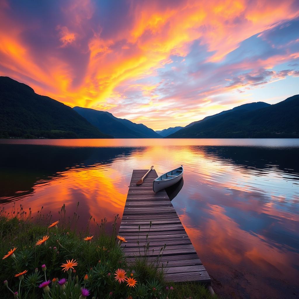 A serene landscape at sunset featuring a tranquil lake surrounded by lush green mountains