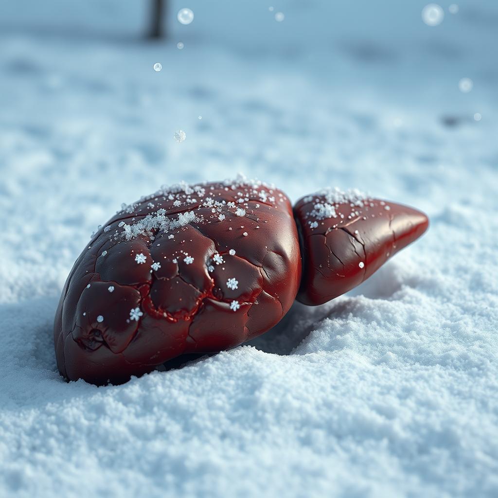 A surreal artistic representation of a human liver situated in a winter landscape, surrounded by softly falling snowflakes