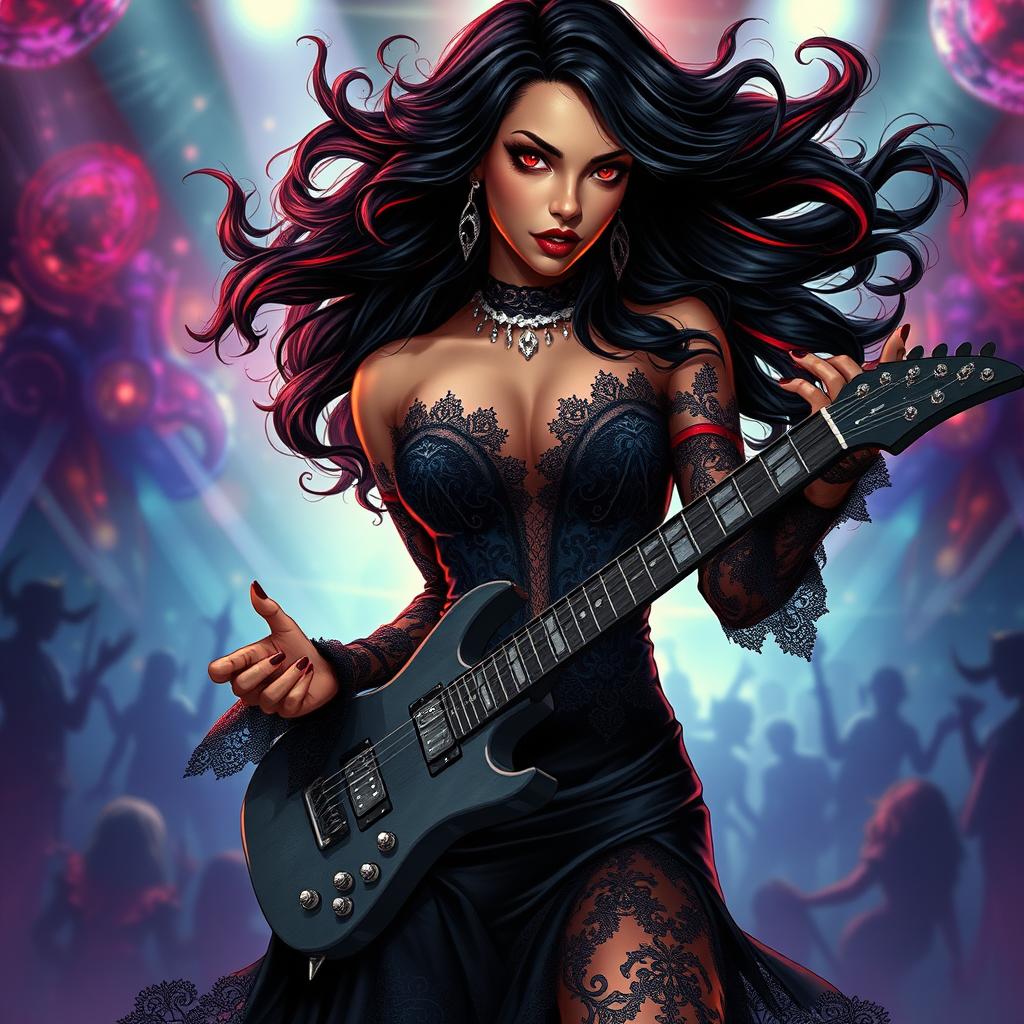 In a vibrant Dungeons & Dragons art style, a stunning Latina rockstar vampire commands the stage with her electrifying presence