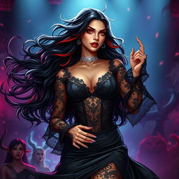 In a vibrant Dungeons & Dragons art style, a stunning Latina rockstar vampire commands the stage with her electrifying presence
