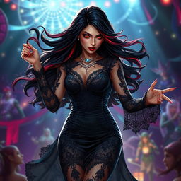 In a vibrant Dungeons & Dragons art style, a stunning Latina rockstar vampire commands the stage with her electrifying presence