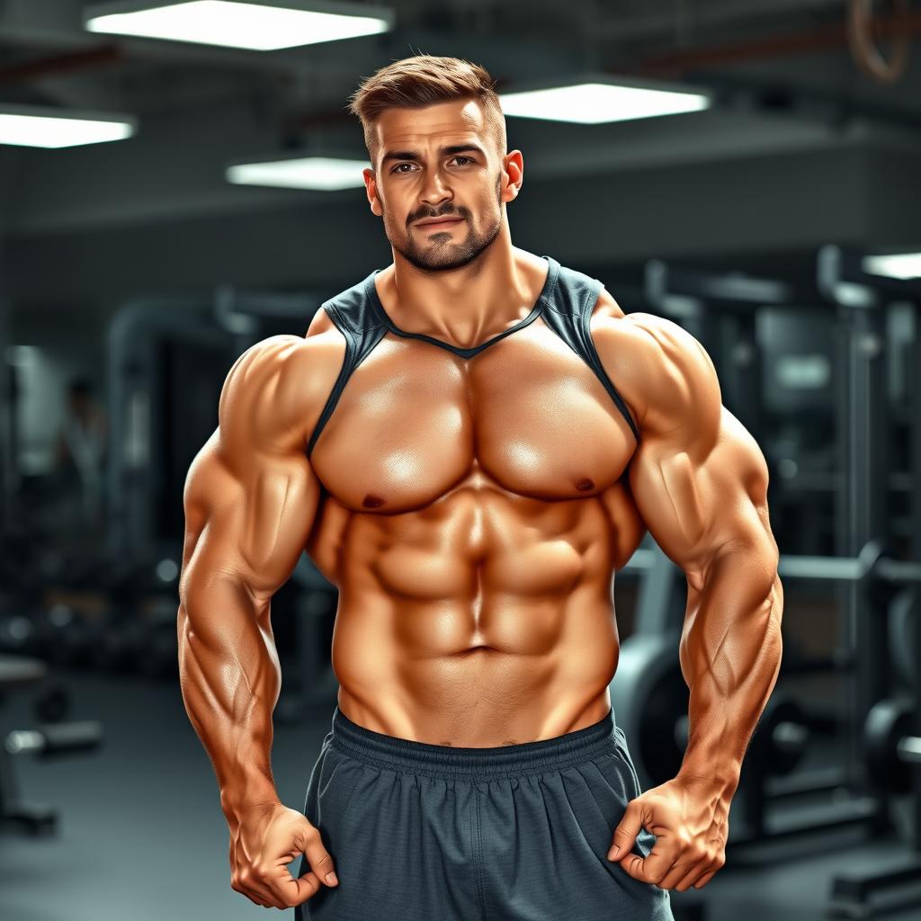 A muscular male bodybuilder, weighing 100 kg, standing confidently in a gym