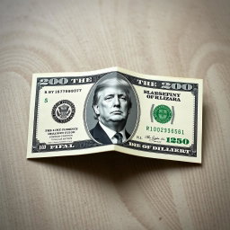 A creatively folded dollar bill showcasing a fictional $250 denomination, featuring a new design that includes a black and white portrait of Donald Trump prominently displayed on the bill