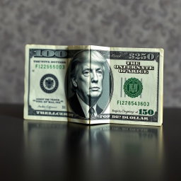 A creatively folded dollar bill showcasing a fictional $250 denomination, featuring a new design that includes a black and white portrait of Donald Trump prominently displayed on the bill