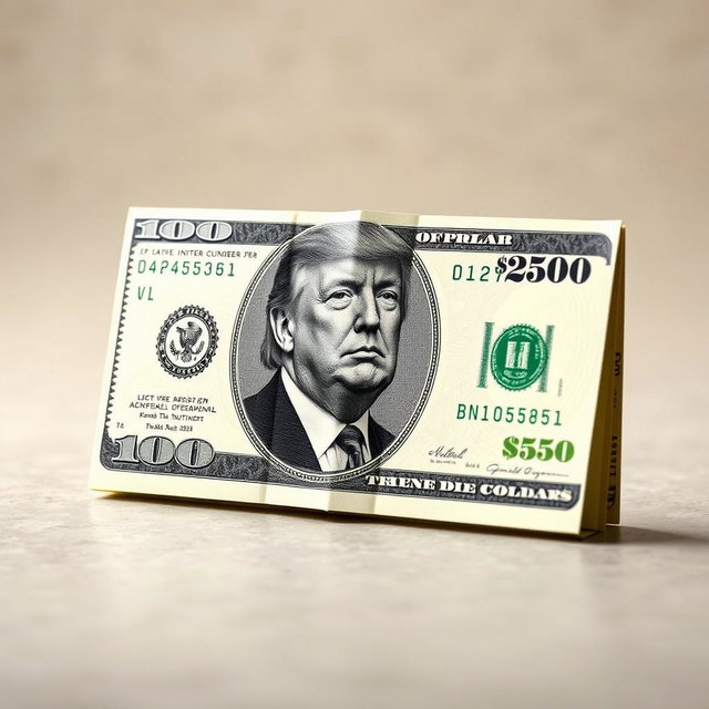 A creatively folded dollar bill showcasing a fictional $250 denomination, featuring a new design that includes a black and white portrait of Donald Trump prominently displayed on the bill