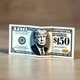 A creatively folded dollar bill showcasing a fictional $250 denomination, featuring a new design that includes a black and white portrait of Donald Trump prominently displayed on the bill