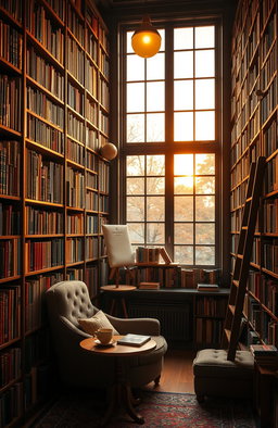 A cozy library filled with towering bookshelves, each packed with colorful books, both old and new