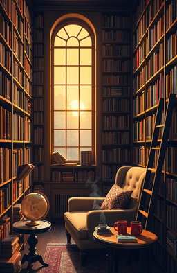 A cozy library filled with towering bookshelves, each packed with colorful books, both old and new