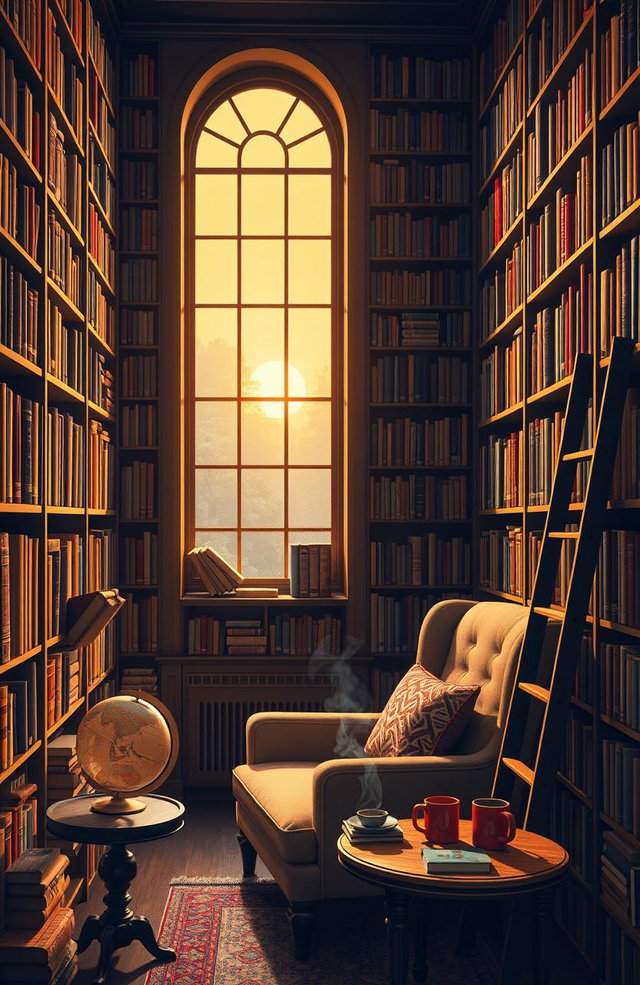 A cozy library filled with towering bookshelves, each packed with colorful books, both old and new