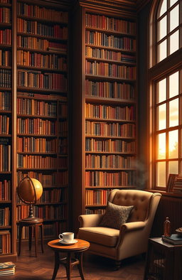 A cozy library filled with towering bookshelves, each packed with colorful books, both old and new