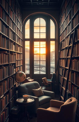 A cozy library filled with towering bookshelves, each packed with colorful books, both old and new