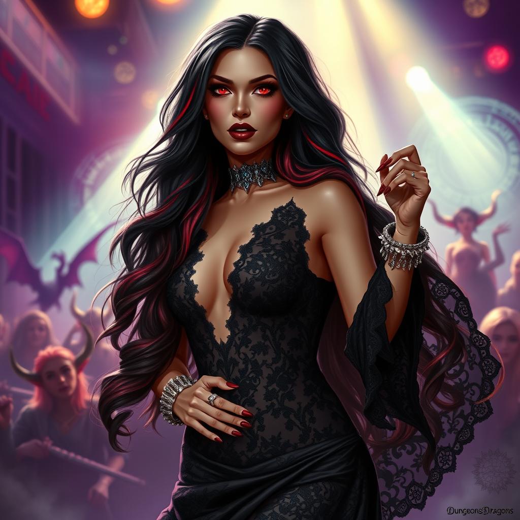 In a vivid Dungeons & Dragons art style, a mesmerizing Latina rockstar vampire steals the spotlight on stage