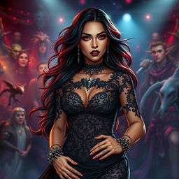 In a vivid Dungeons & Dragons art style, a mesmerizing Latina rockstar vampire steals the spotlight on stage