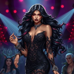 In a vivid Dungeons & Dragons art style, a mesmerizing Latina rockstar vampire steals the spotlight on stage