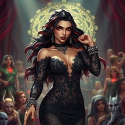 In a vivid Dungeons & Dragons art style, a mesmerizing Latina rockstar vampire steals the spotlight on stage