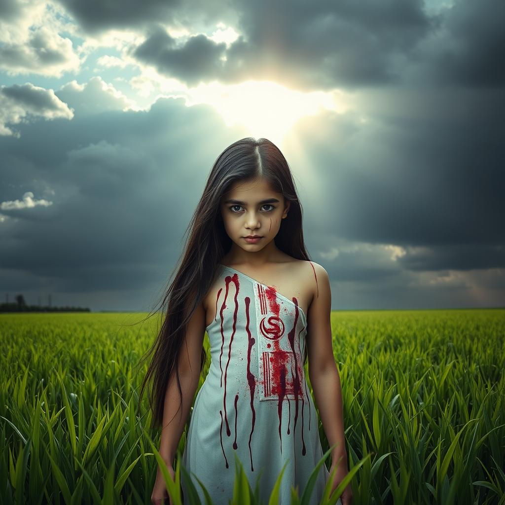 A striking image of a girl with long dark hair standing in a vibrant, green field