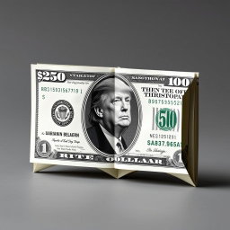 A creatively folded dollar bill featuring a fictional $250 denomination, showcasing a modern design that includes an image of Donald Trump on the front
