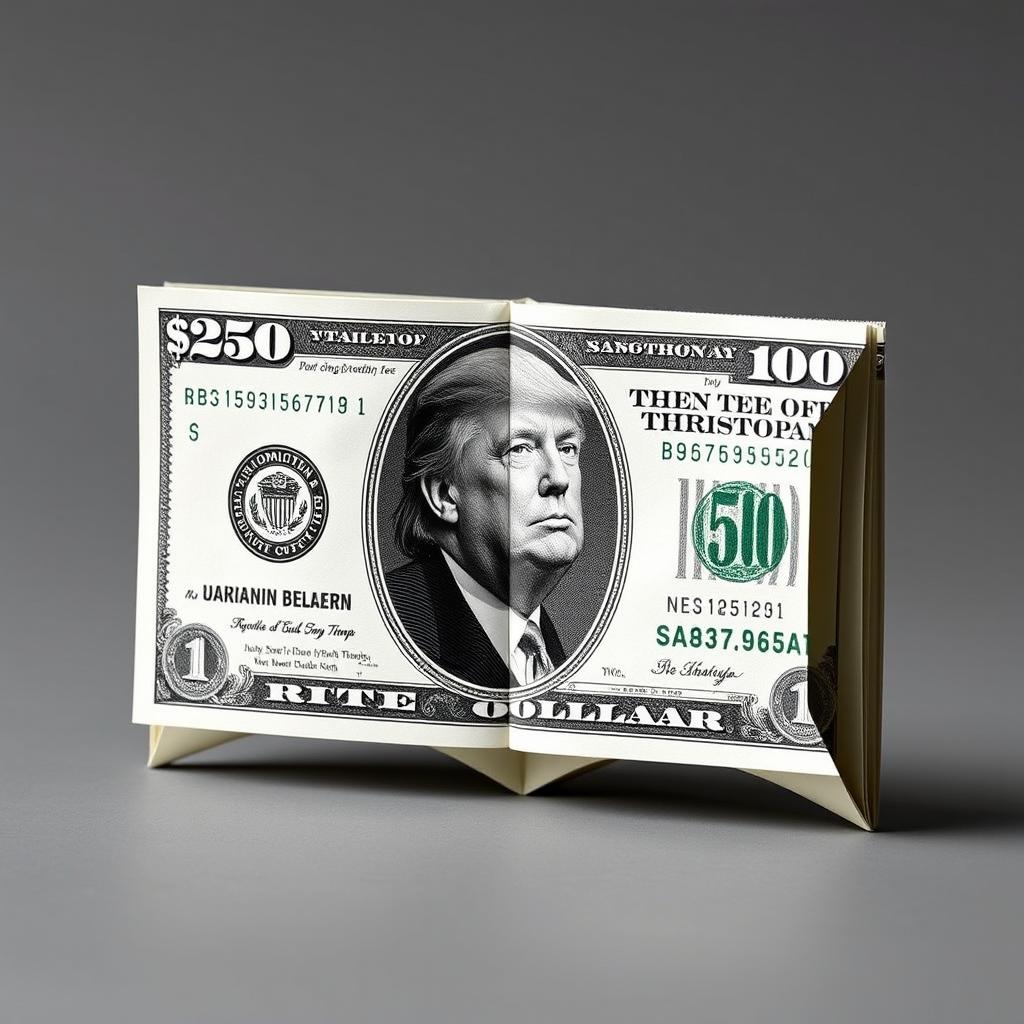 A creatively folded dollar bill featuring a fictional $250 denomination, showcasing a modern design that includes an image of Donald Trump on the front