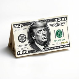 A creatively folded dollar bill featuring a fictional $250 denomination, showcasing a modern design that includes an image of Donald Trump on the front