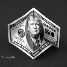 A creatively folded dollar bill featuring a fictional $250 denomination, showcasing a modern design that includes an image of Donald Trump on the front
