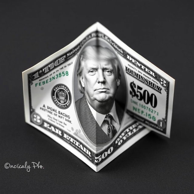 A creatively folded dollar bill featuring a fictional $250 denomination, showcasing a modern design that includes an image of Donald Trump on the front