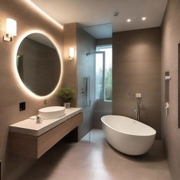 Modern and elegant bathroom interior with sleek fixtures, ambient lighting, and tasteful decor.