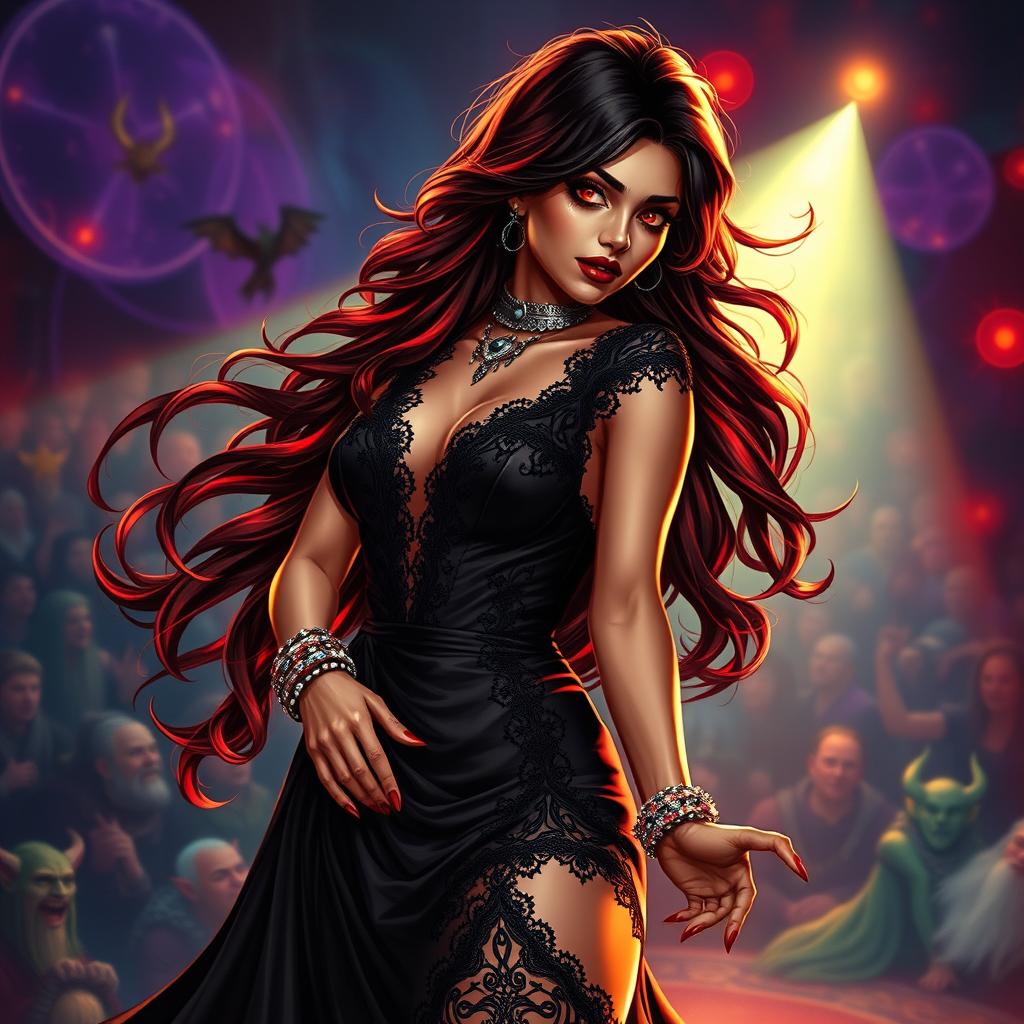 In a captivating Dungeons & Dragons art style, a Latina rockstar vampire exudes charisma and power on stage