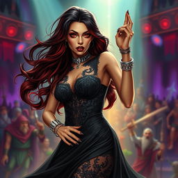 In a captivating Dungeons & Dragons art style, a Latina rockstar vampire exudes charisma and power on stage