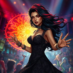 In a captivating Dungeons & Dragons art style, a Latina rockstar vampire exudes charisma and power on stage