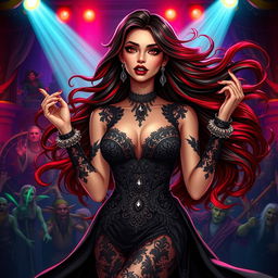 In a captivating Dungeons & Dragons art style, a Latina rockstar vampire exudes charisma and power on stage