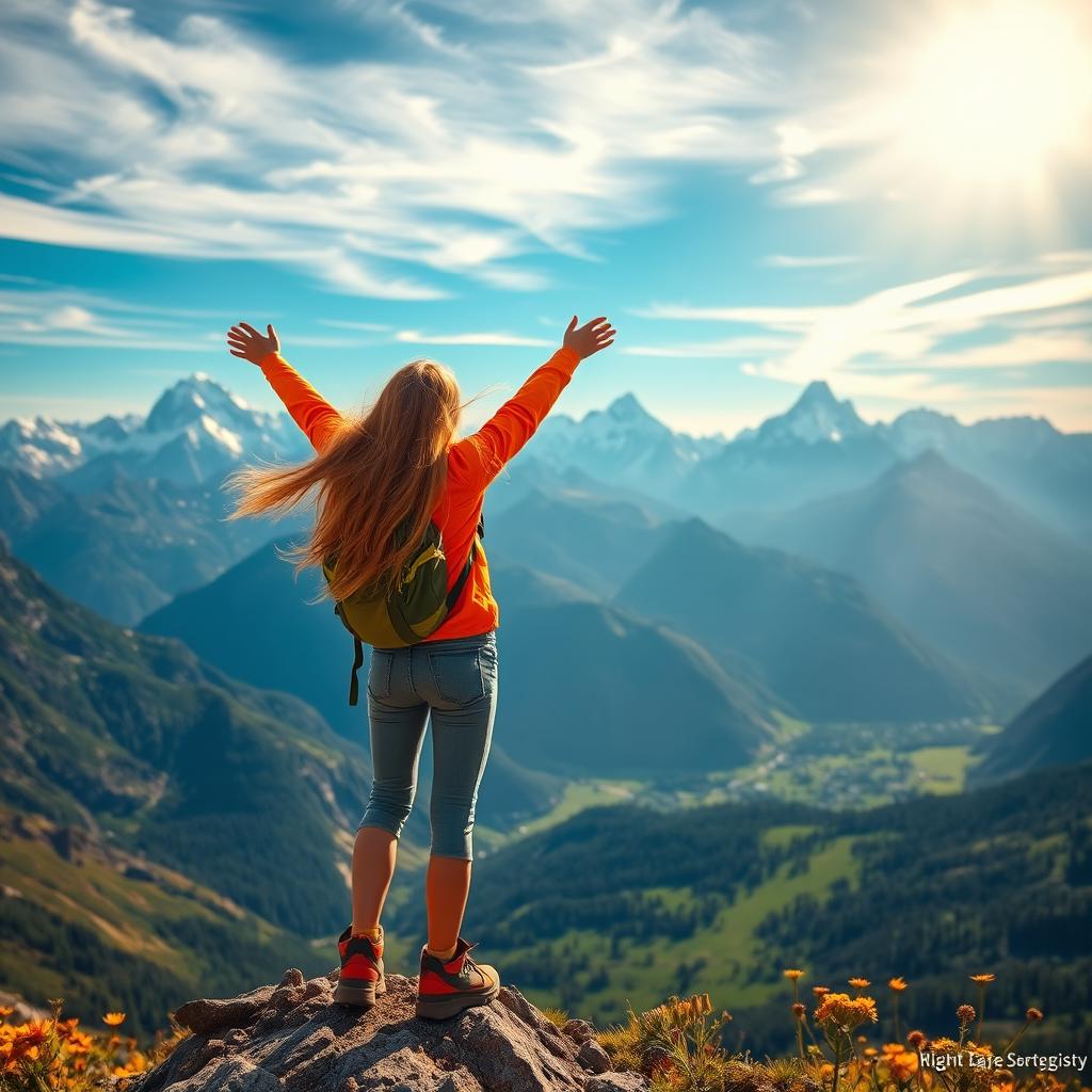A girl standing triumphantly on a mountain peak, surrounded by breathtaking alpine scenery