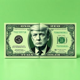 An imaginative design of a green $250 bill featuring a prominent and detailed illustration of Donald Trump's portrait in the center