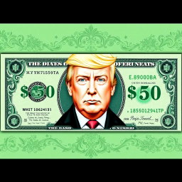An imaginative design of a green $250 bill featuring a prominent and detailed illustration of Donald Trump's portrait in the center