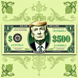 An imaginative design of a green $250 bill featuring a prominent and detailed illustration of Donald Trump's portrait in the center
