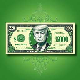 An imaginative design of a green $250 bill featuring a prominent and detailed illustration of Donald Trump's portrait in the center
