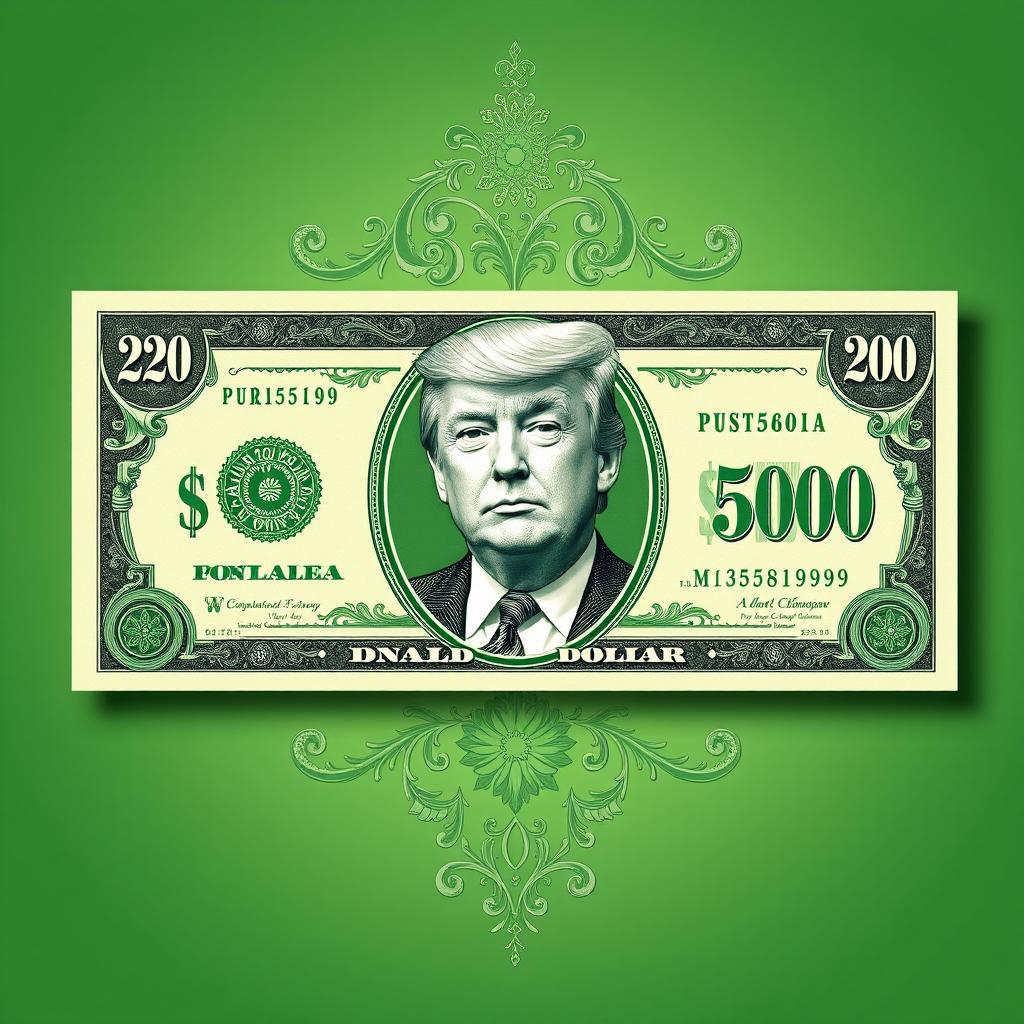 An imaginative design of a green $250 bill featuring a prominent and detailed illustration of Donald Trump's portrait in the center