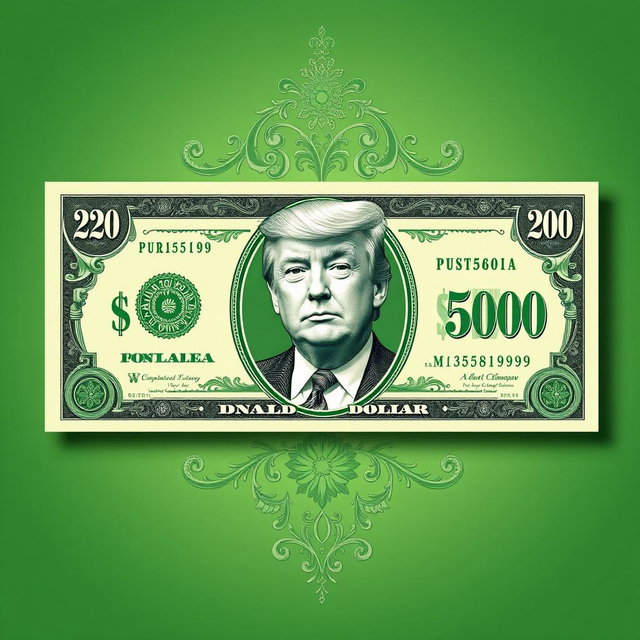 An imaginative design of a green $250 bill featuring a prominent and detailed illustration of Donald Trump's portrait in the center