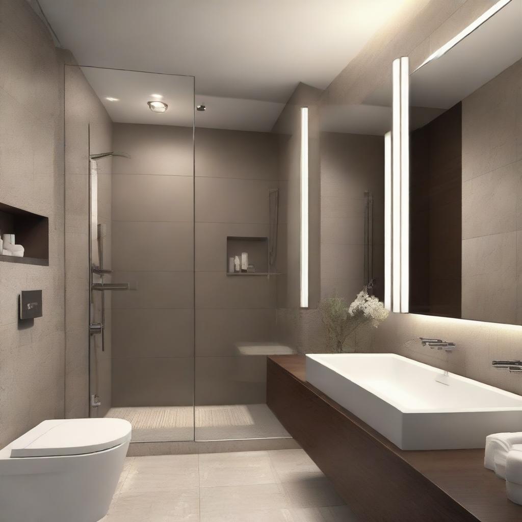 Modern and elegant bathroom interior with sleek fixtures, ambient lighting, and tasteful decor.