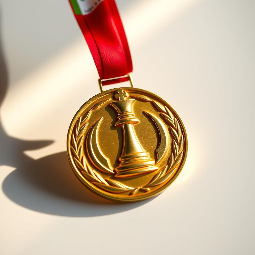 A shiny golden medal featuring an intricately engraved chess king piece, elegantly placed on a smooth white desk
