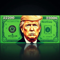 A conceptual image of a fictional green $250 bill featuring the portrait of Donald Trump