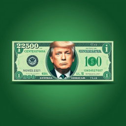 A conceptual image of a fictional green $250 bill featuring the portrait of Donald Trump