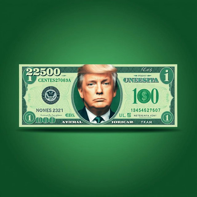A conceptual image of a fictional green $250 bill featuring the portrait of Donald Trump