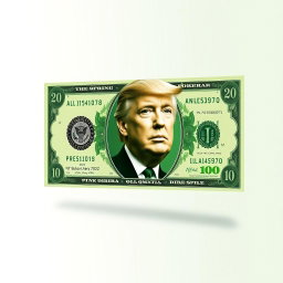 A conceptual image of a fictional green $250 bill featuring the portrait of Donald Trump